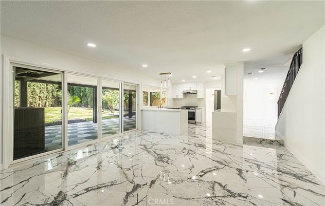 Interior, Kitchen, Marble, Pendant Lights, Recessed Lighting, Stainless Steel Appliances