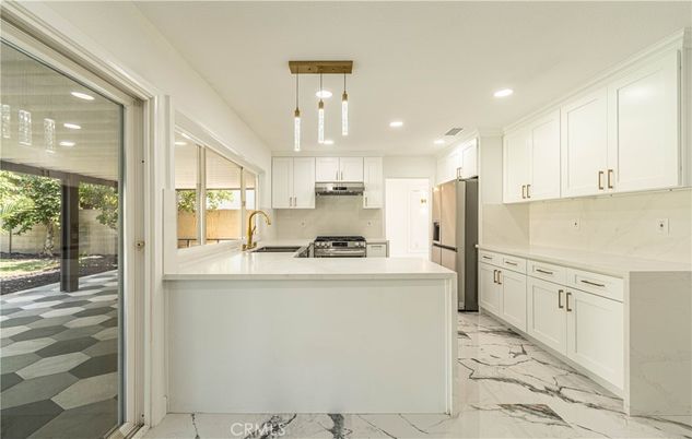 Interior, Kitchen, Marble, Pendant Lights, Recessed Lighting, Stainless Steel Appliances