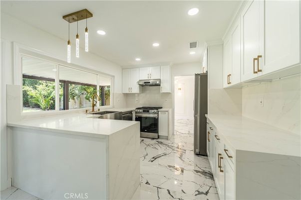 Interior, Kitchen, Marble, Pendant Lights, Recessed Lighting, Stainless Steel Appliances