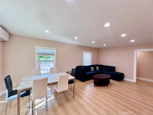 Dining room, Interior, Living room, Recessed Lighting, Wood Texture Flooring