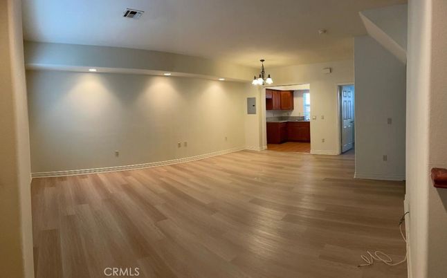 Chandelier, Empty room, Interior, Kitchen, Recessed Lighting, Wood Texture Flooring