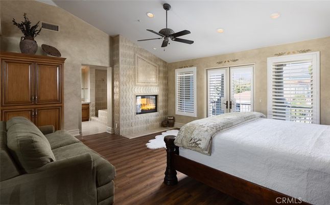 Bedroom, Fireplace, Interior, Recessed Lighting, Wood Texture Flooring