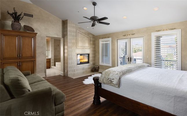 Bedroom, Fireplace, Interior, Recessed Lighting, Wood Texture Flooring