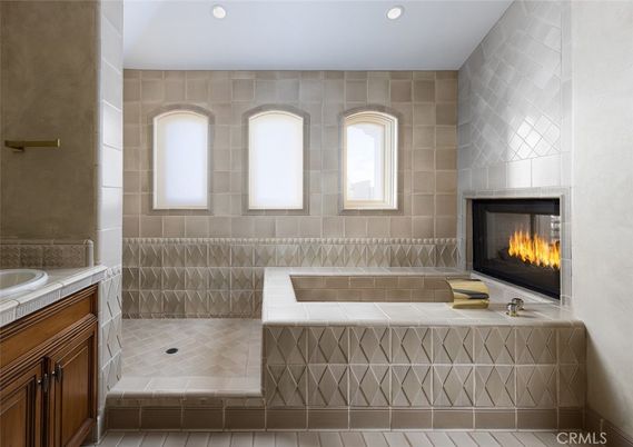 Bathroom, Fireplace, Interior, Recessed Lighting, Tile Countertops