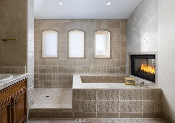 Bathroom, Fireplace, Interior, Recessed Lighting, Tile Countertops