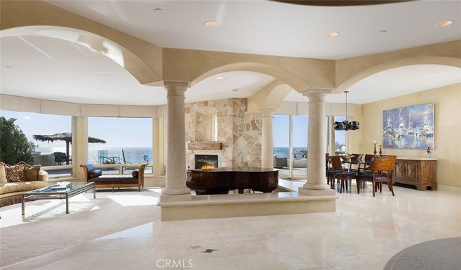 Dining room, Fireplace, Interior, Living room, Pendant Lights, Recessed Lighting, Water