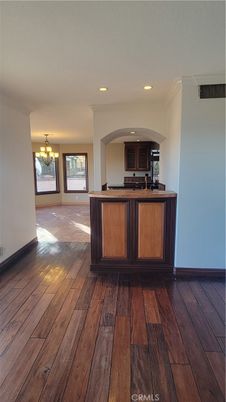 Chandelier, Empty room, Interior, Kitchen, Recessed Lighting, Wood Texture Flooring