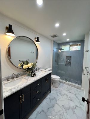 Bathroom, Dual Sink Vanities, Glass Shower, Interior, Marble, Recessed Lighting