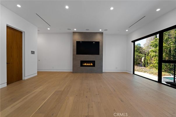 Empty room, Fireplace, Interior, Recessed Lighting, Wood Texture Flooring