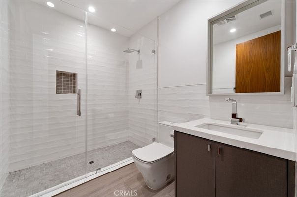 Bathroom, Glass Shower, Interior, Recessed Lighting, Wood Texture Flooring