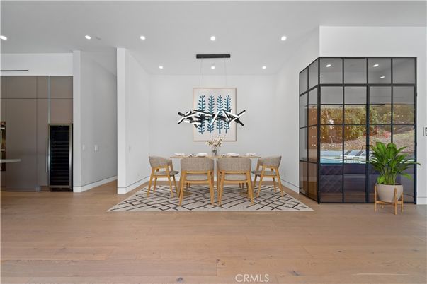 Dining room, Interior, Pendant Lights, Recessed Lighting, Wood Texture Flooring
