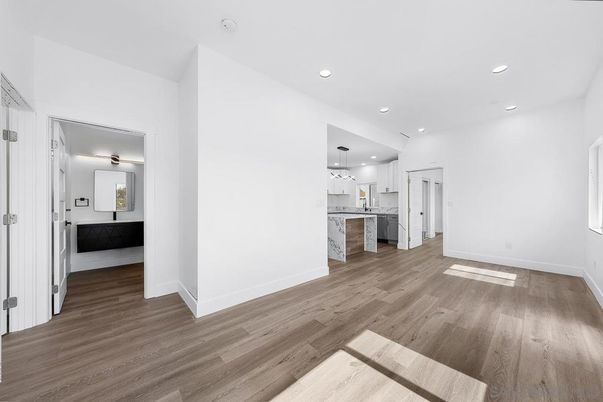 Empty room, Interior, Kitchen, Pendant Lights, Recessed Lighting, Wood Texture Flooring