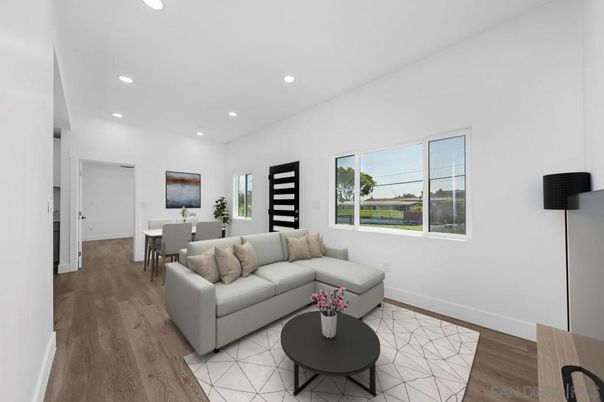 Dining room, Interior, Living room, Recessed Lighting, Wood Texture Flooring