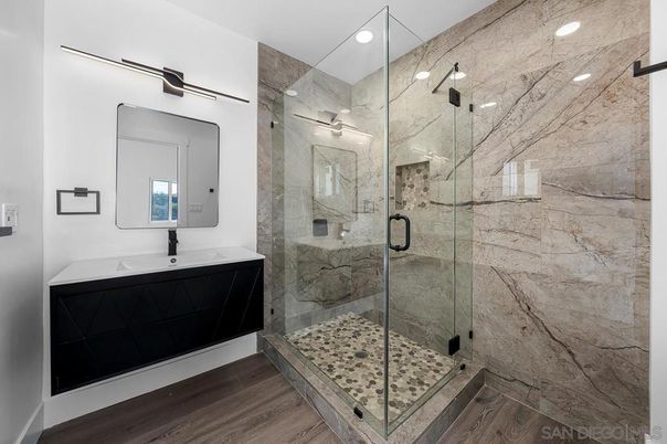Bathroom, Glass Shower, Interior, Recessed Lighting, Wood Texture Flooring