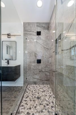 Bathroom, Glass Shower, Interior, Marble Walls, Recessed Lighting