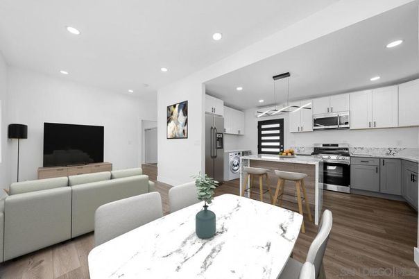 Dining room, Interior, Kitchen, Pendant Lights, Recessed Lighting, Stainless Steel Appliances, Wood Texture Flooring