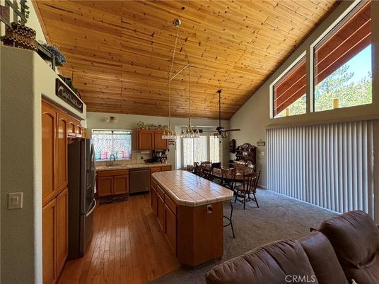Dining room, Interior, Kitchen, Pendant Lights, Tile Countertops, Wooden Ceilings, Wood Texture Flooring