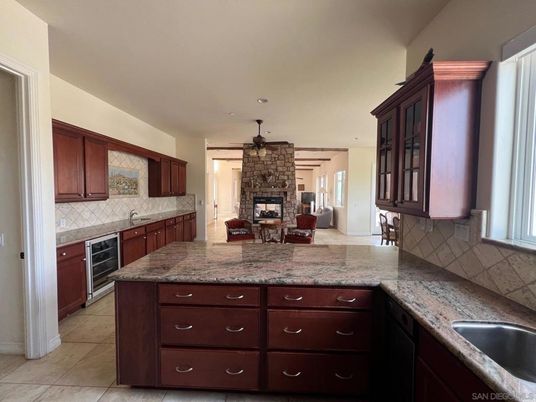 Fireplace, Interior, Kitchen, Recessed Lighting, Stone Walls