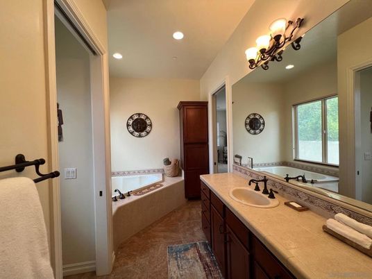 Bathroom, Dual Sink Vanities, Interior, Recessed Lighting, Tile Countertops