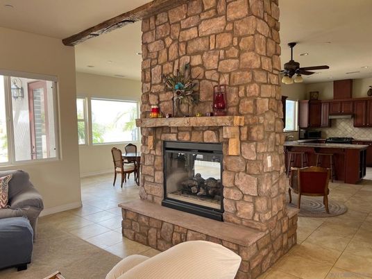 Fireplace, Interior, Kitchen, Recessed Lighting, Stone Walls