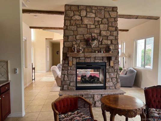 Fireplace, Interior, Recessed Lighting, Stone Walls
