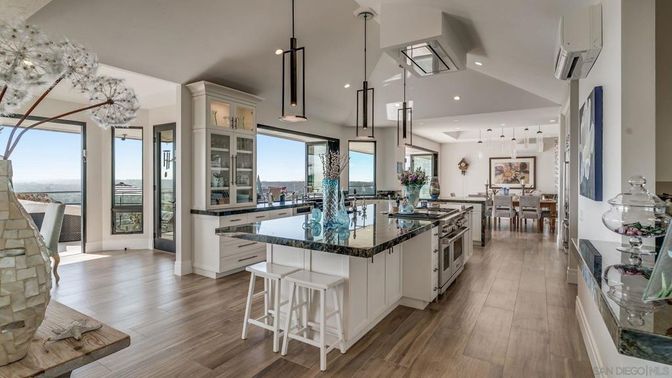 Dining room, Interior, Kitchen, Pendant Lights, Recessed Lighting, Wood Texture Flooring