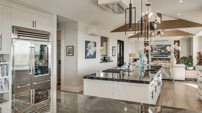 Fireplace, Interior, Kitchen, Living room, Pendant Lights, Recessed Lighting, Stainless Steel Appliances, Wooden Beams, Wood Texture Flooring