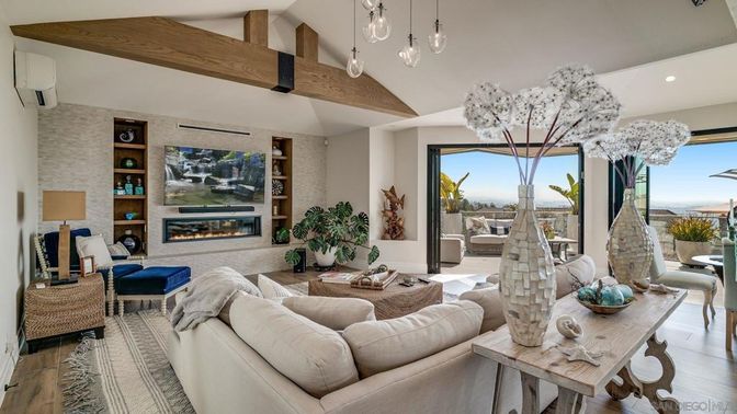 Fireplace, Interior, Living room, Pendant Lights, Recessed Lighting, Wooden Beams, Wood Texture Flooring