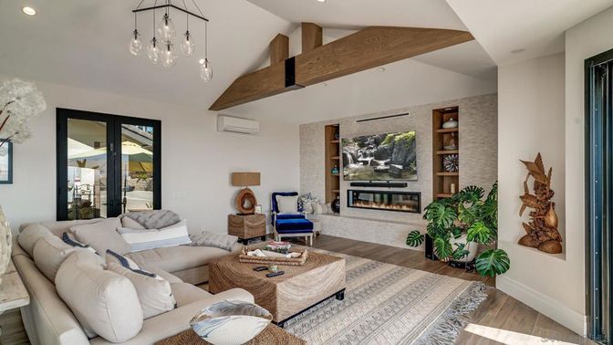 Fireplace, Interior, Living room, Pendant Lights, Recessed Lighting, Wooden Beams, Wood Texture Flooring