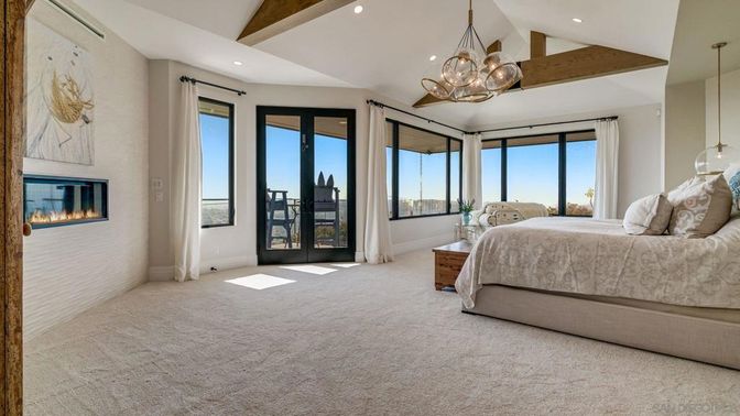 Bedroom, Fireplace, Interior, Pendant Lights, Recessed Lighting, Wooden Beams