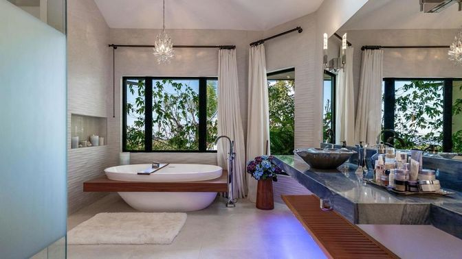 Bathroom, Dual Sink Vanities, Free Standing Baths, Interior, Pendant Lights