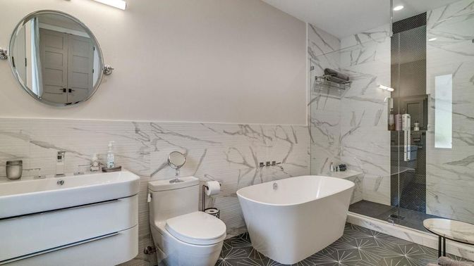 Bathroom, Free Standing Baths, Glass Shower, Interior, Marble Walls, Recessed Lighting