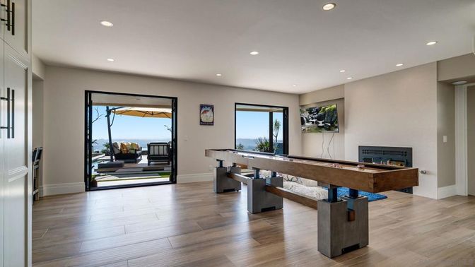 Billiard Table, Fireplace, Game Room, Interior, Recessed Lighting, Wood Texture Flooring