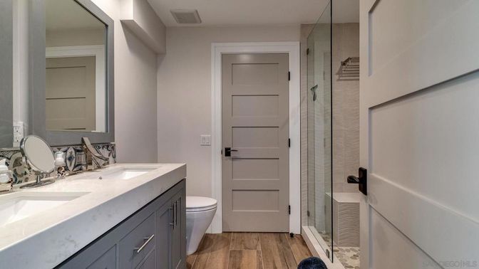 Bathroom, Glass Shower, Interior, Wood Texture Flooring