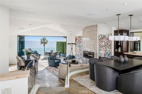 Dining room, Fireplace, Interior, Living room, Pendant Lights, Recessed Lighting, Water