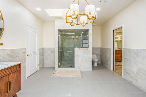 Bathroom, Glass Shower, Interior, Marble Walls, Pendant Lights, Recessed Lighting