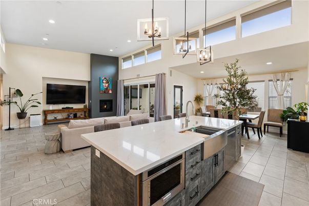 Dining room, Fireplace, Interior, Kitchen, Living room, Pendant Lights, Recessed Lighting