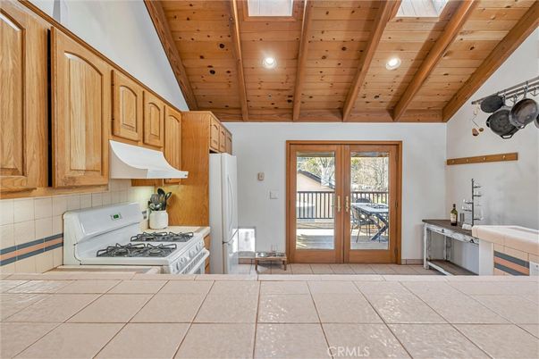 Interior, Kitchen, Recessed Lighting, Tile Countertops, Wooden Beams, Wooden Ceilings