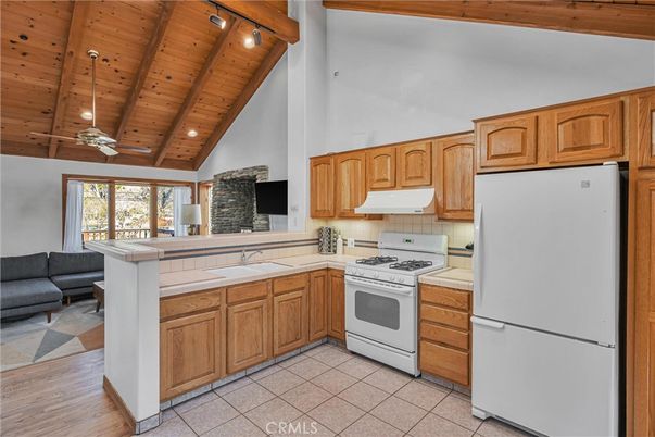 Interior, Kitchen, Living room, Recessed Lighting, Tile Countertops, Wooden Beams, Wooden Ceilings, Wood Texture Flooring