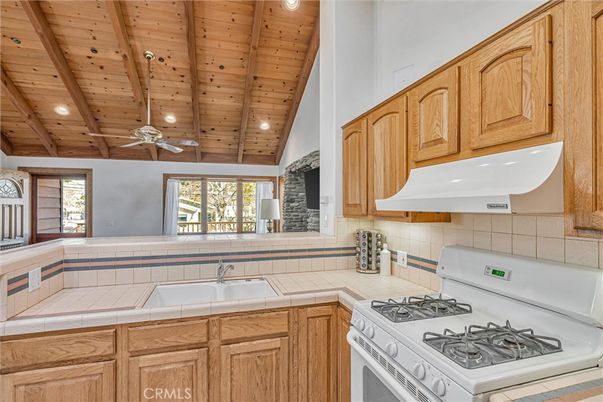 Interior, Kitchen, Recessed Lighting, Tile Countertops, Wooden Beams, Wooden Ceilings