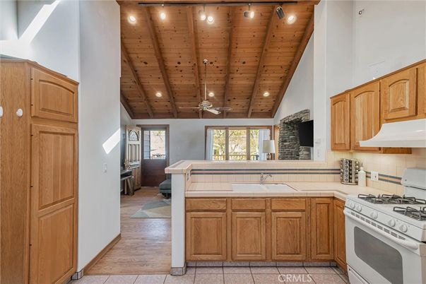 Interior, Kitchen, Recessed Lighting, Tile Countertops, Wooden Beams, Wooden Ceilings, Wood Texture Flooring