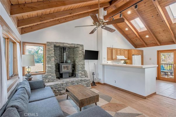 Fireplace, Interior, Kitchen, Living room, Recessed Lighting, Stone Walls, Wooden Beams, Wooden Ceilings, Wood Texture Flooring
