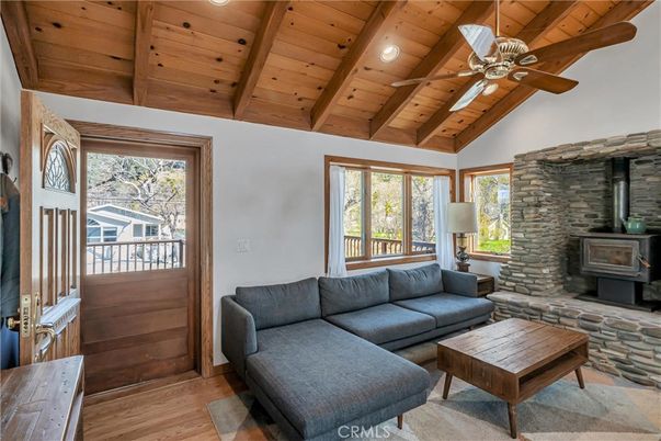 Fireplace, Interior, Living room, Recessed Lighting, Stone Walls, Wooden Beams, Wooden Ceilings, Wood Texture Flooring