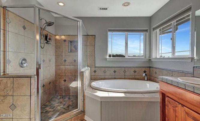 Bathroom, Glass Shower, Interior, Recessed Lighting, Tile Countertops