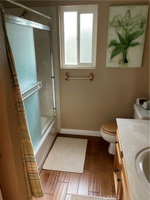 Bathroom, Glass Shower, Interior, Wood Texture Flooring