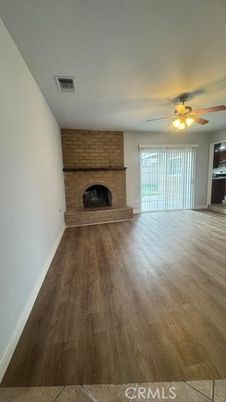 Empty room, Fireplace, Interior, Stone Walls, Wood Texture Flooring
