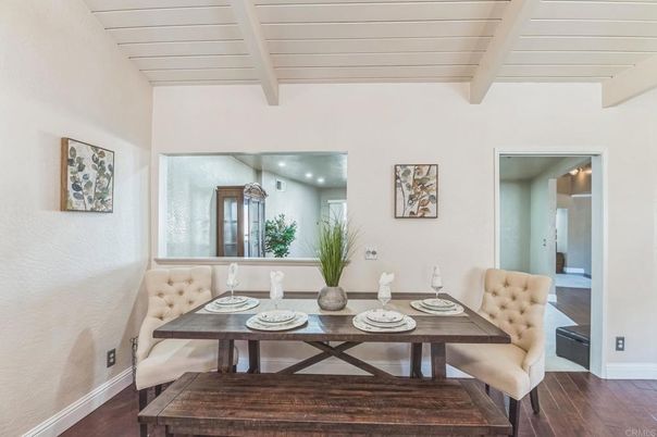 Dining room, Interior, Recessed Lighting, Wood Texture Flooring