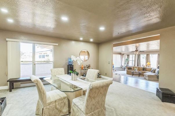 Dining room, Interior, Living room, Recessed Lighting, Wood Texture Flooring