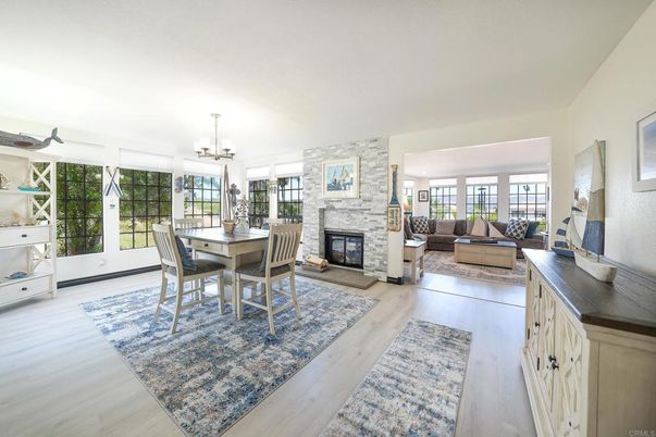 Dining room, Fireplace, Interior, Living room, Pendant Lights, Wood Texture Flooring