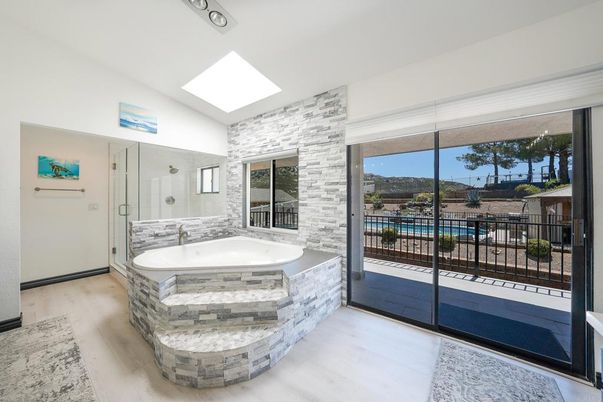 Bathroom, Glass Shower, Interior, Wood Texture Flooring